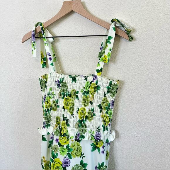 Amanda Uprichard x Revolve Green Floral Smocked Sleeveless Ruffle Midi Dress M - Picture 8 of 11
